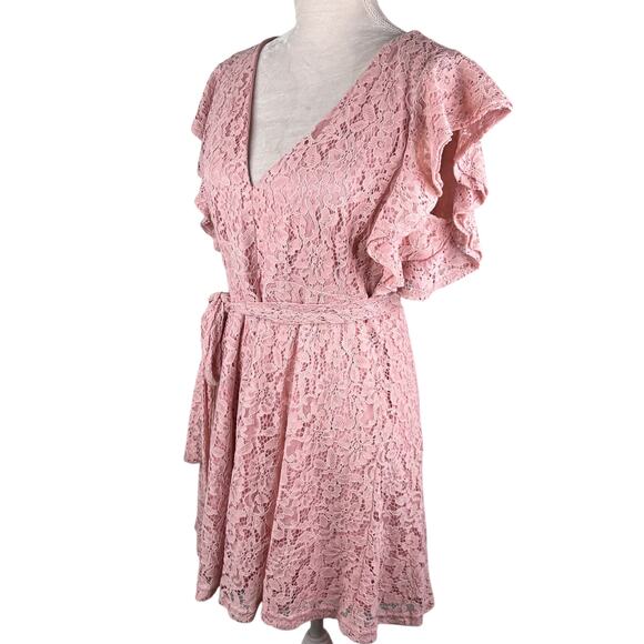 Boohoo Lace Ruffle Sleeve Skater Dress Blush 14 New - Picture 12 of 14